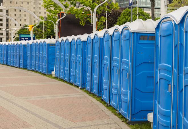 a row of portable restrooms at a fairground, offering visitors a clean and hassle-free experience in barberton